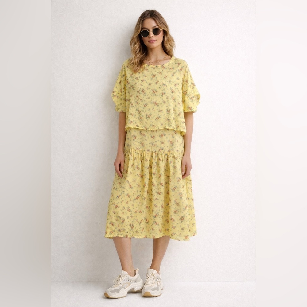 Vintage Handmade‎ Sunny Yellow Ditsy Floral Midi Semi Sheer Dress Set Sz. M/L